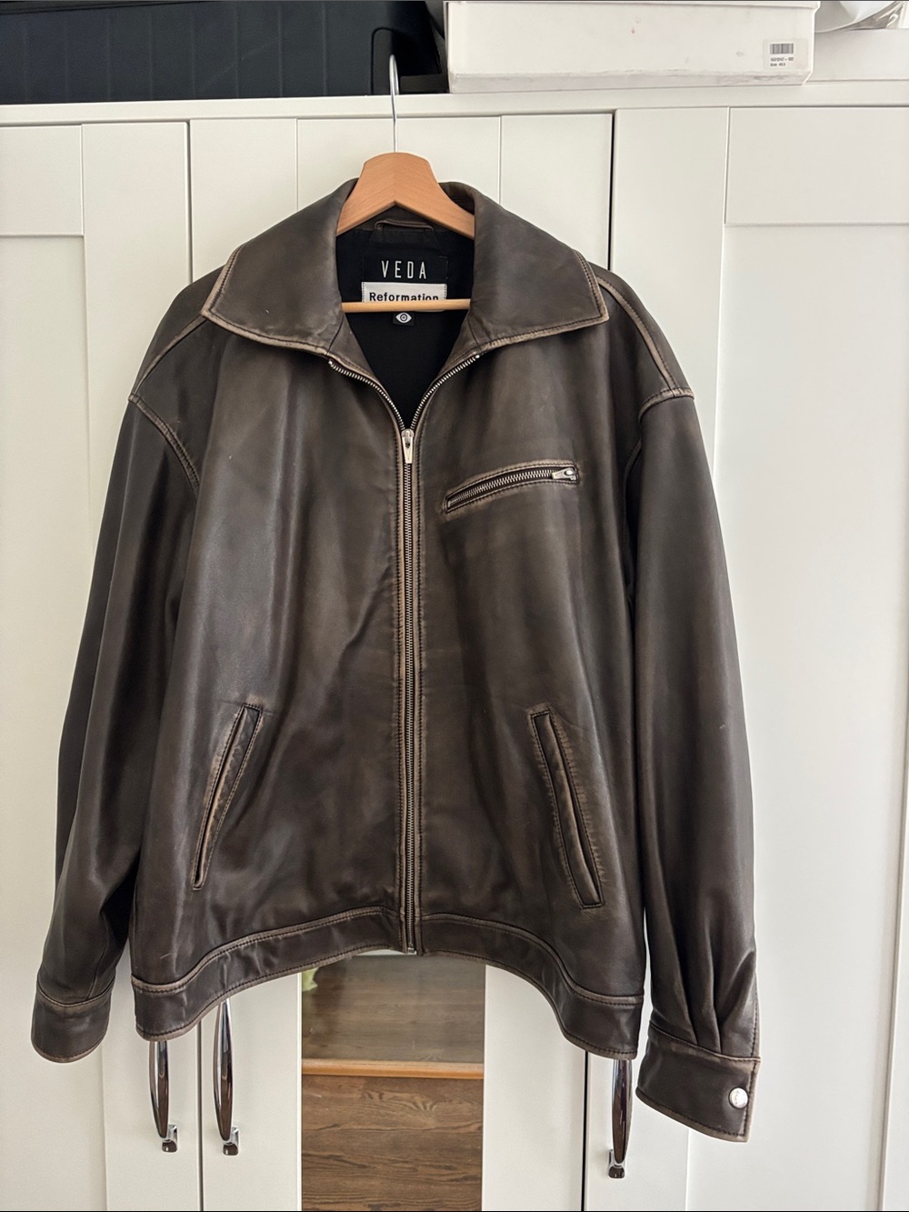 Veda x Reformation Brown Marco Leather Bomber Jacket